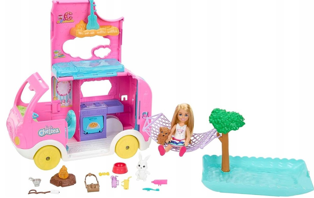 عربة باربي تشيلسي الوردية- دمية تشيلسي -16اكسسوارات