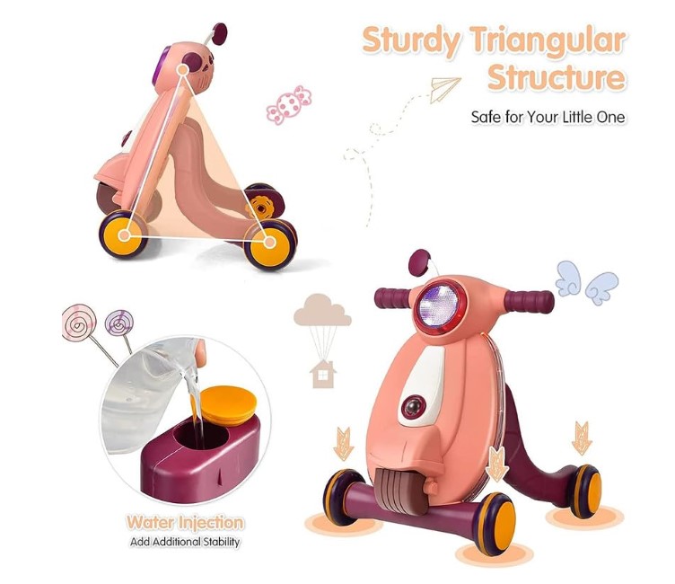 مشاية أطفال متعددة الوظائف مع ضوء وموسيقى وردي