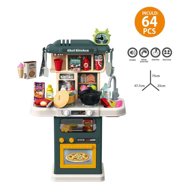 75cmtalented chef spraying kitchen set(light/music/Electric faucet with outflow water/smoking) 64PCS