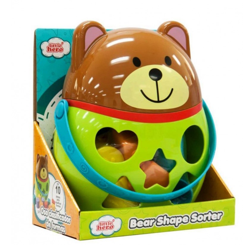 Bear-shaped bucket for sorting colored shapes, 10 pieces