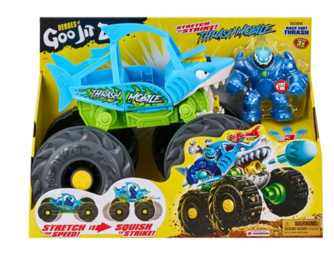 The Go Jit Zu heroes' vehicle extends and hits the Thrash Mobile