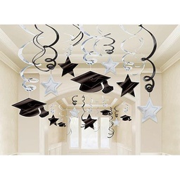 [SQUI3831] GRAD SILLVER AND BLACK SWIRL HANGING DECORATION 30PCS
