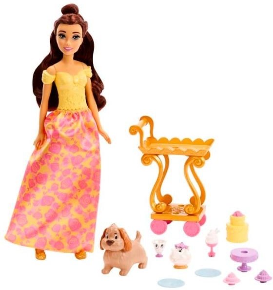 دمية ديزني برينسيس بيل مع ملابس لامعة ، عربة شاي