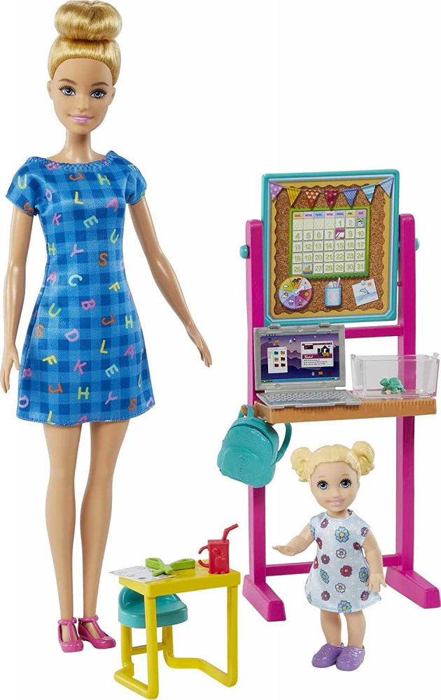 Barbie kindergarten teacher with laptop