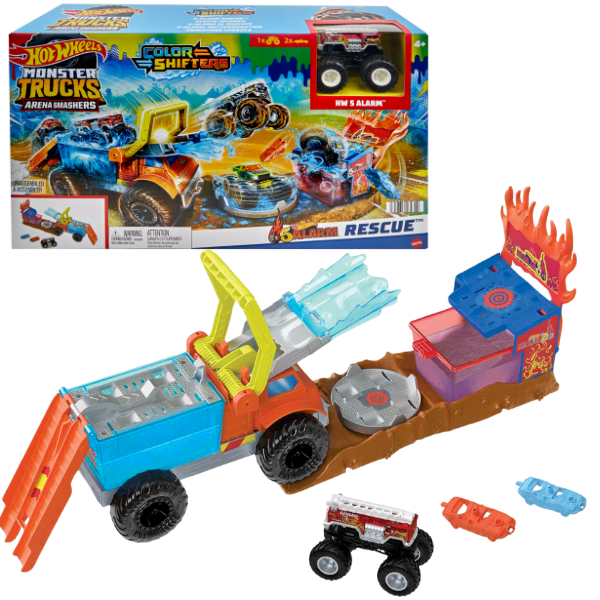 Hot Wheels Monster Trucks Arena Smashers: 5 Alarm's Color Shifter Water Blast Smash Playset