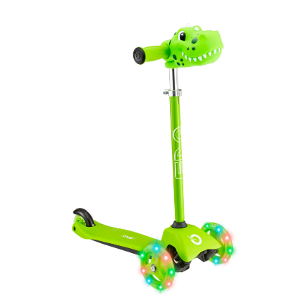 A dinosaur-shaped scooter for children with three pushable wheels and lighting