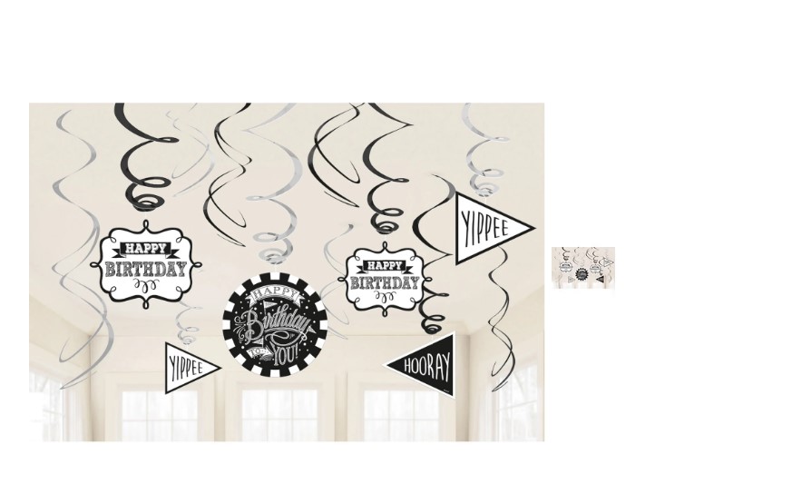 Black and white spiral birthday decorations